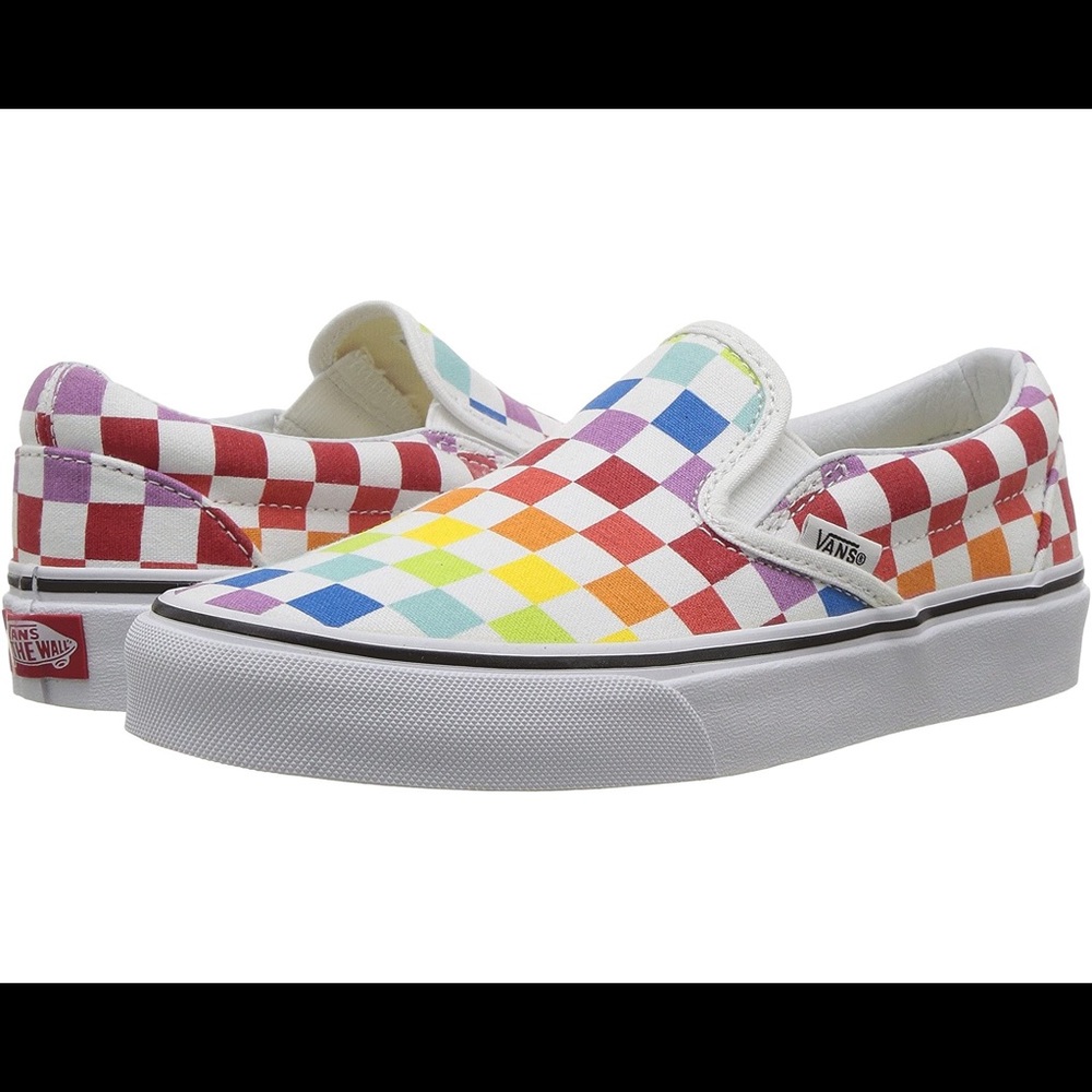 Rainbow checkered slip on vans